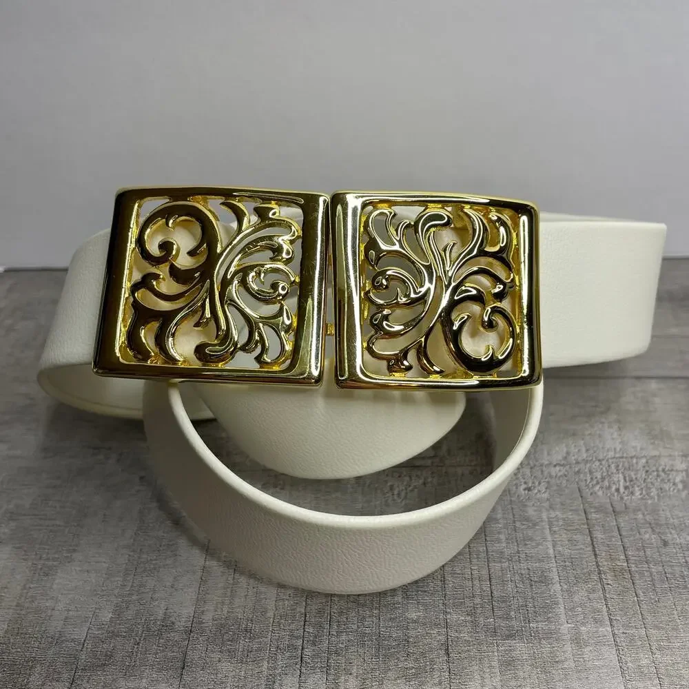 DOUGLAS PAQUETTE DP White 1.25 in Adjustable Belt Gold Scroll Buckle 35 in OSFM